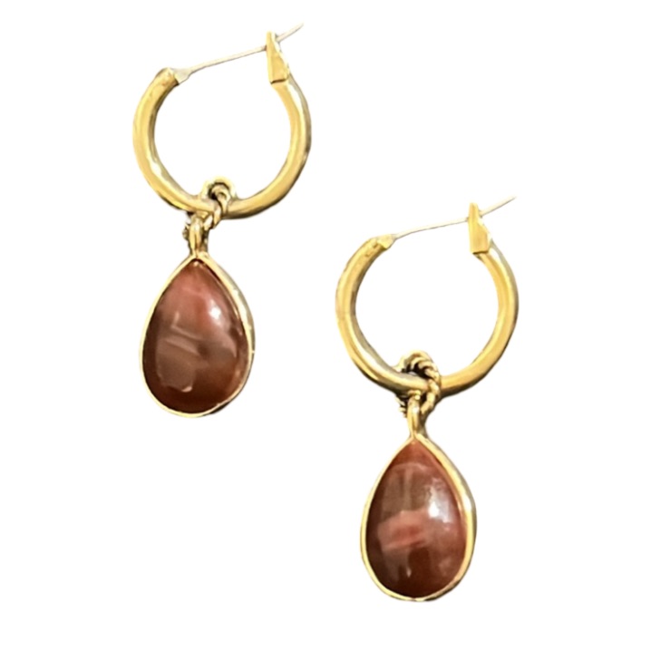 Soft Surroundings Gold Plated Red Crystal Jasper Resin Stone Drop Hoop Earrings